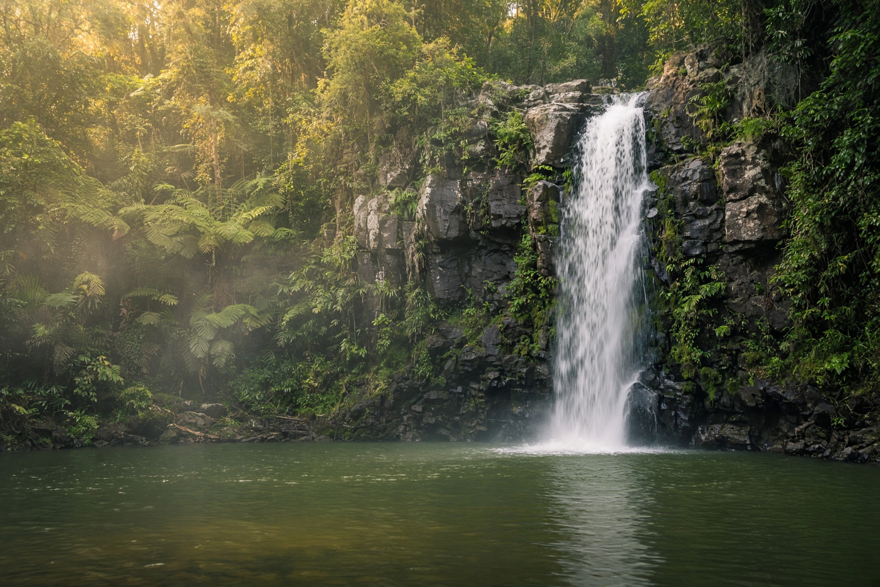 Rainforest waterfall in soft afternoon light